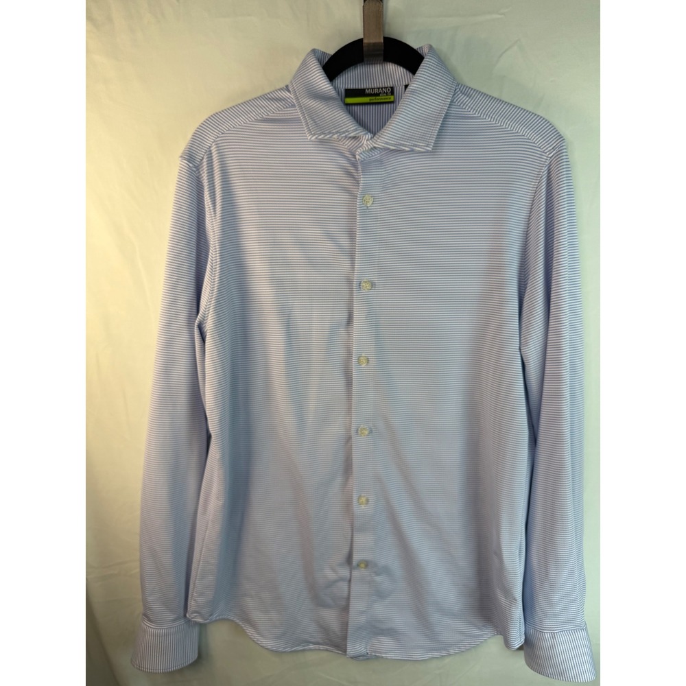 Murano Performance Slim Fit Shirt Mens Sz M Blue White Stripe Button Dwn Stretch